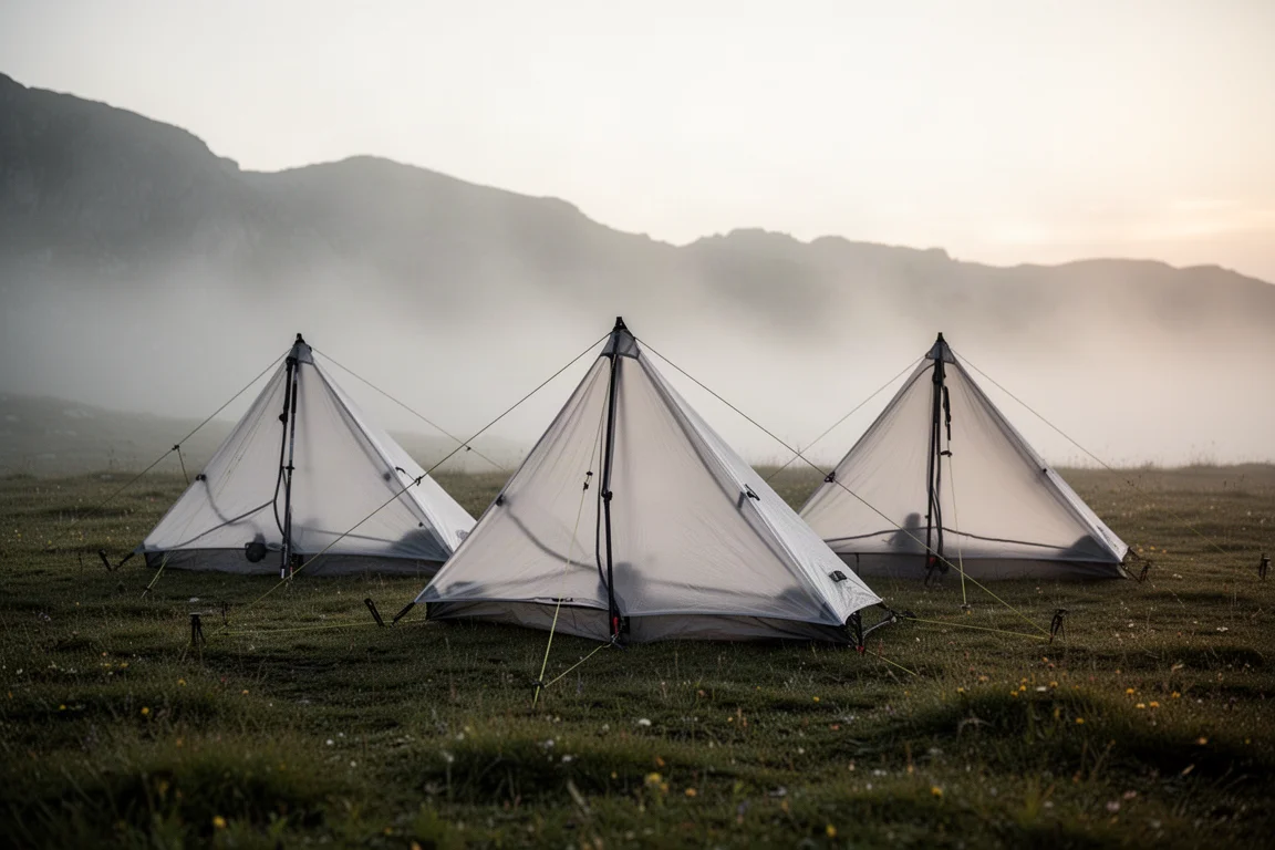 Three ultralight trekking pole shelters pitched on an alpine meadow at dawn