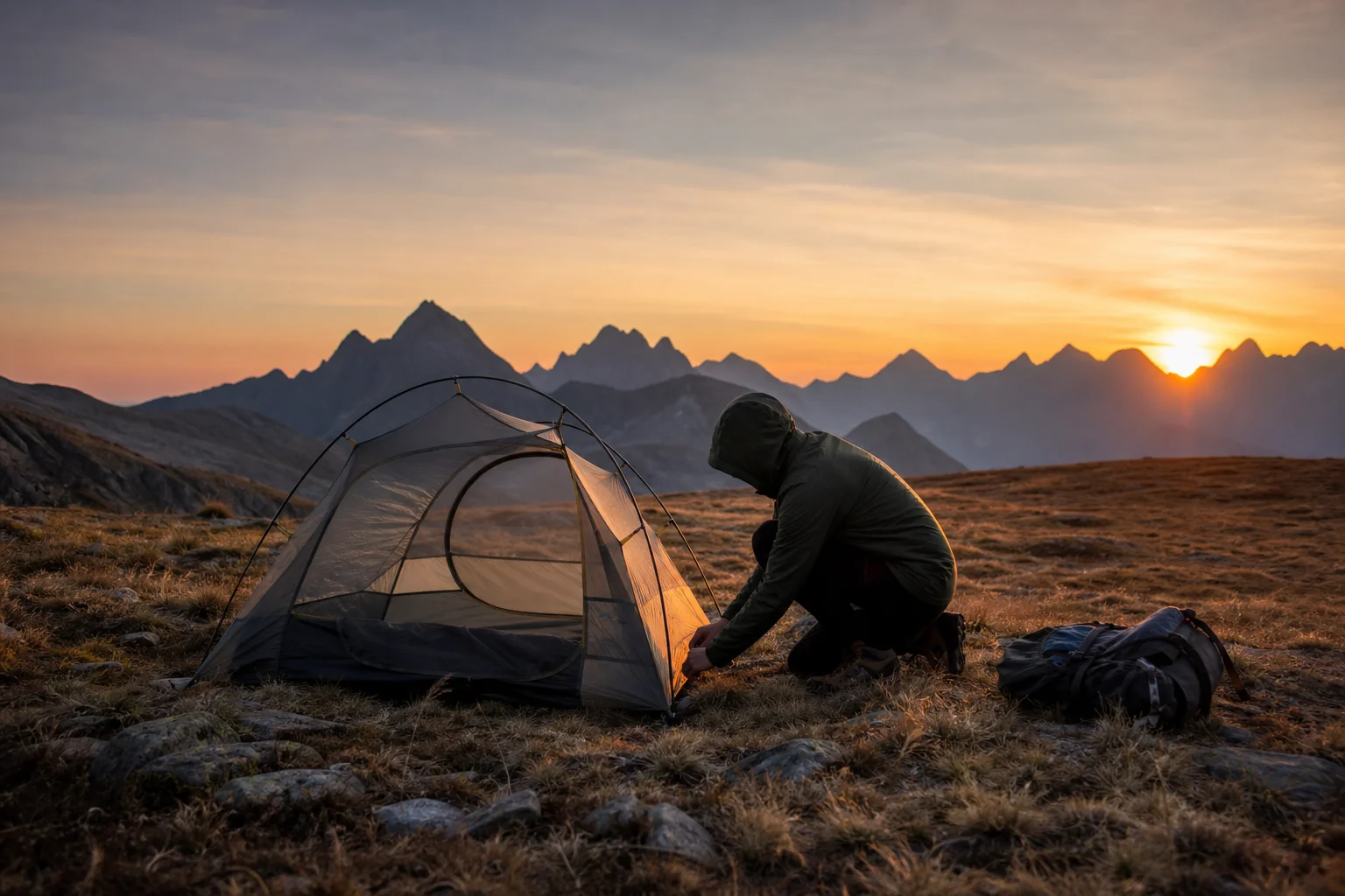 Backpacker setting up a tent in a mountain meadow at dusk with distant peaks