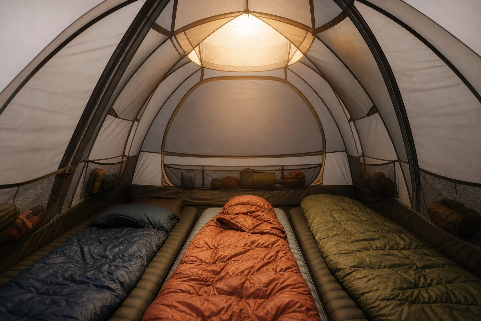 Interior view of a spacious tent with overhead light pocket and gear storage