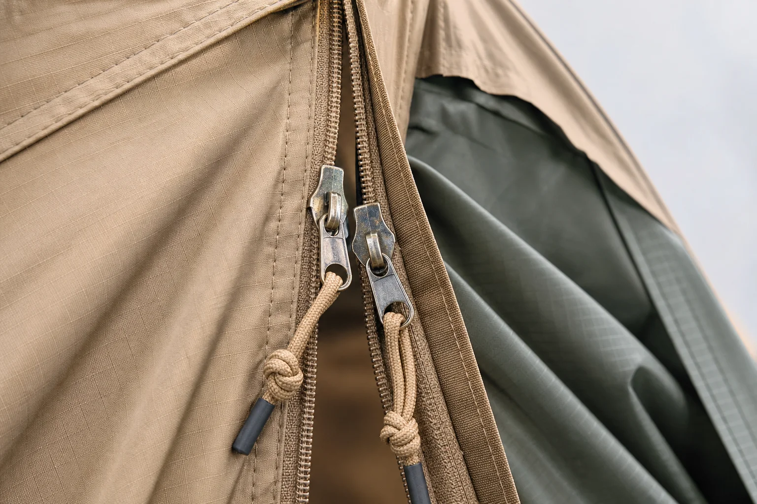 Close-up of tent fabric and dual zipper construction showing quality details