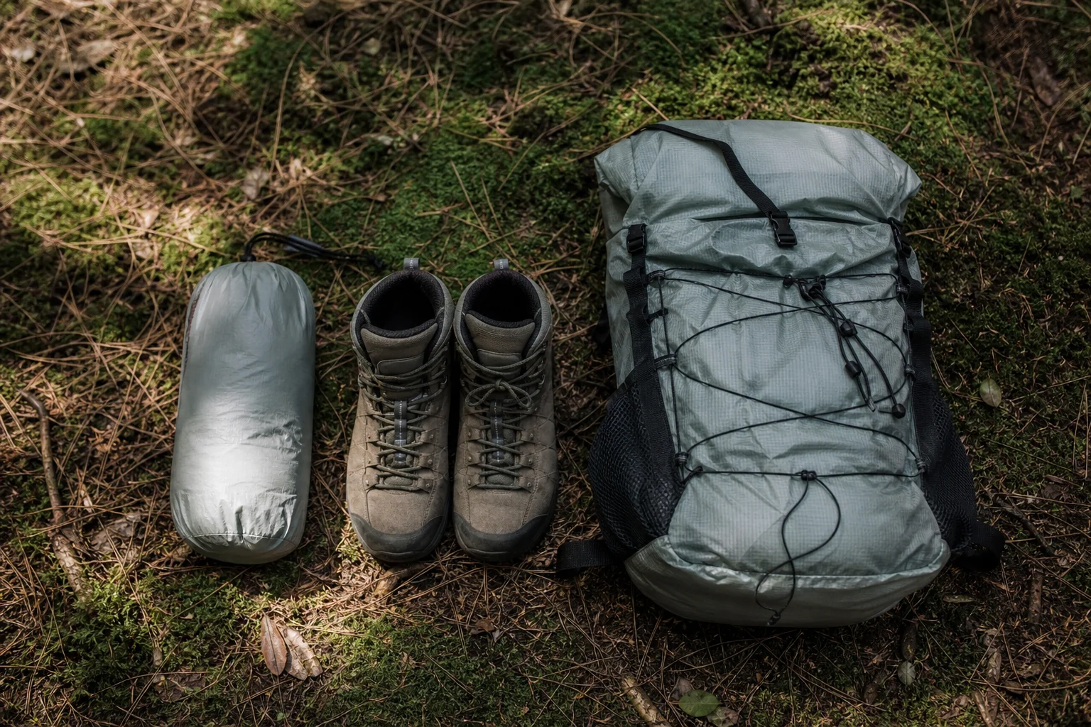 Packed ultralight tent next to hiking boots and backpack on forest floor