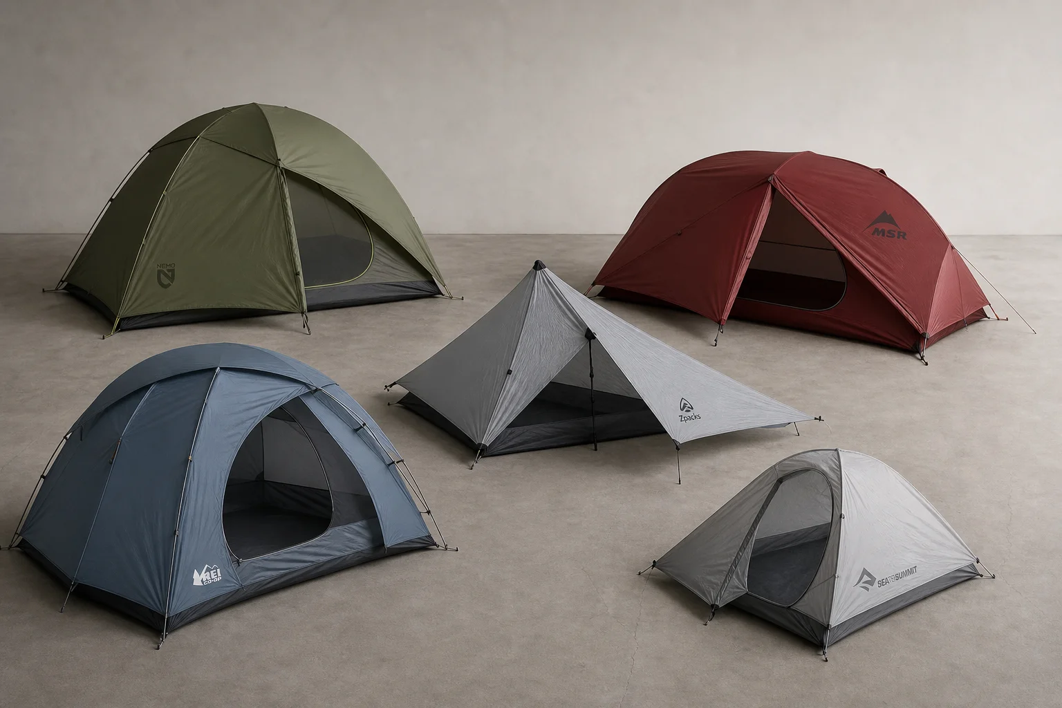 Cinque tende ultraleggere disposte su una superficie in cemento che mostrano una varietà di design e colori