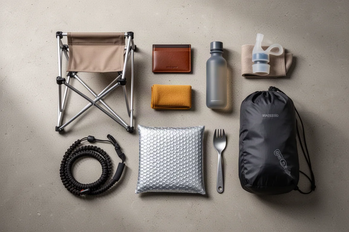 Flat-lay of nine ultralight travel gear items arranged on a concrete surface