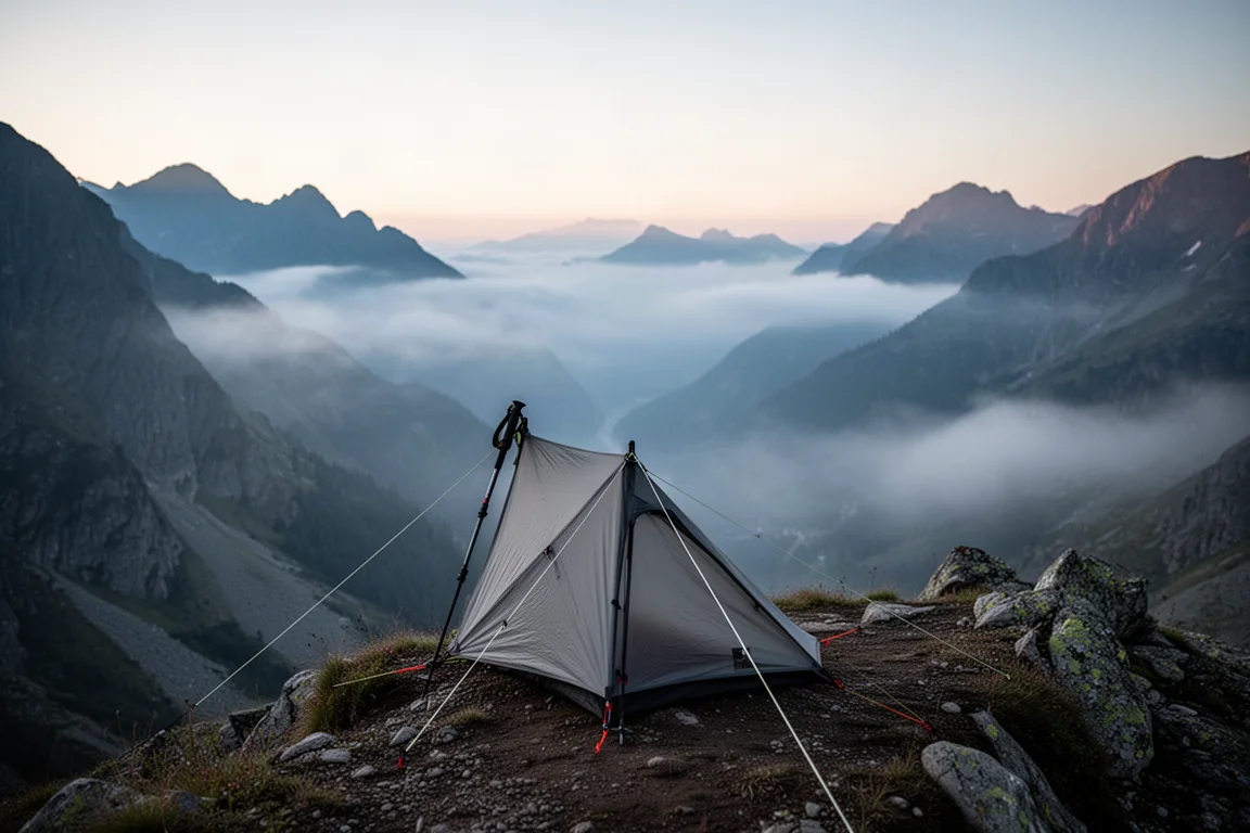 Ultralight trekking pole shelter pitched on an alpine ridge at dawn with mist below
