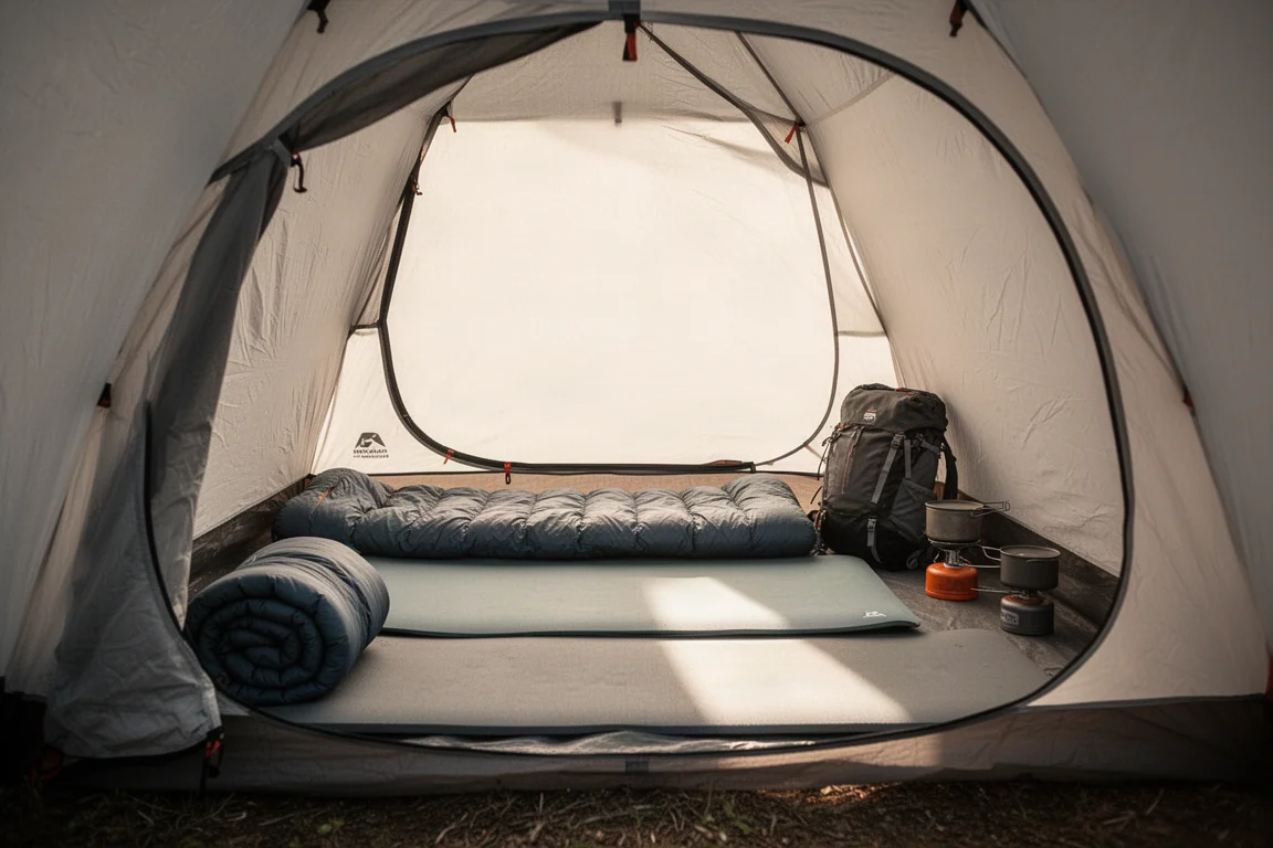 Interior of a roomy single-person backpacking tent with sleeping pad and gear inside