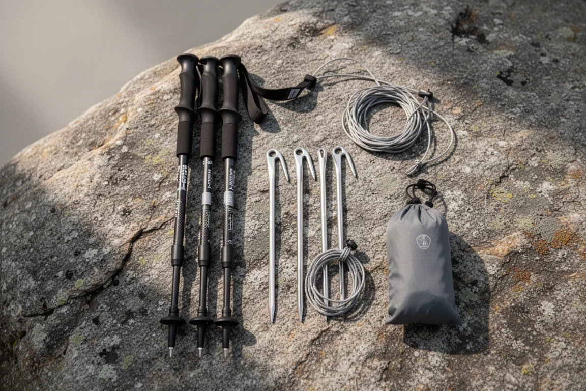 Overhead flat-lay of trekking poles, titanium stakes, and a stuff sack on granite