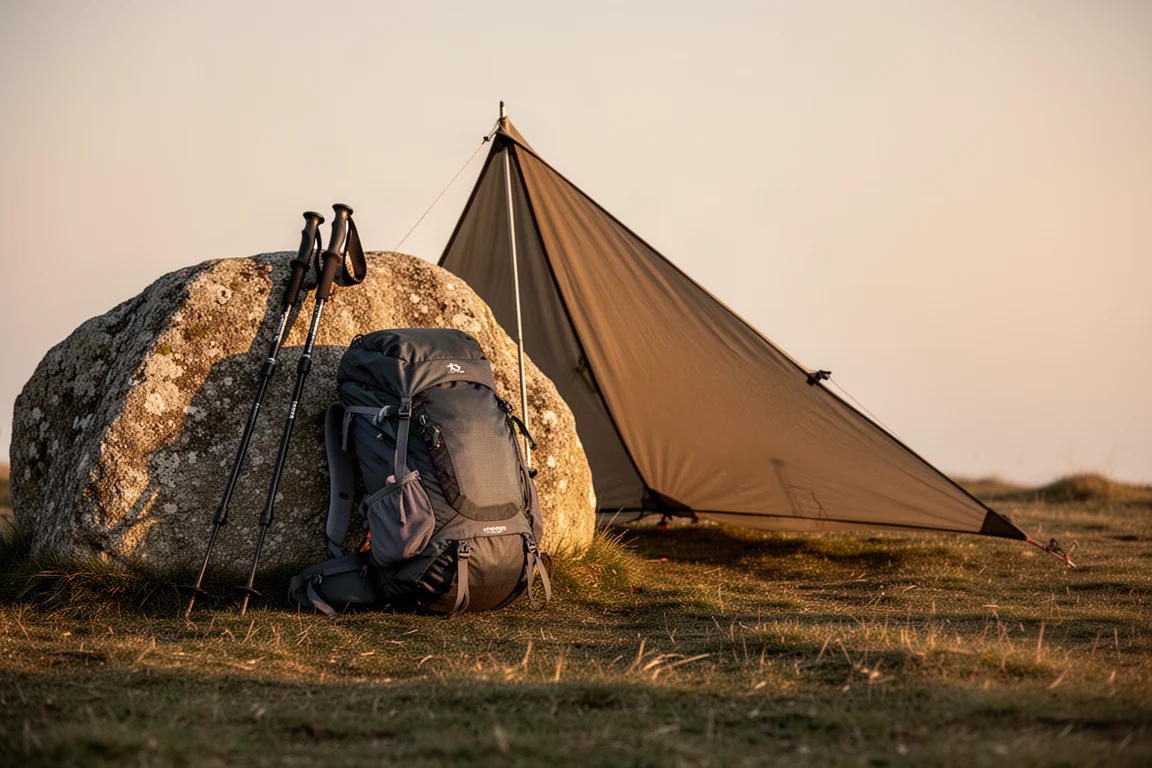 Loaded backpack leaning on a boulder beside a pitched shelter at golden hour