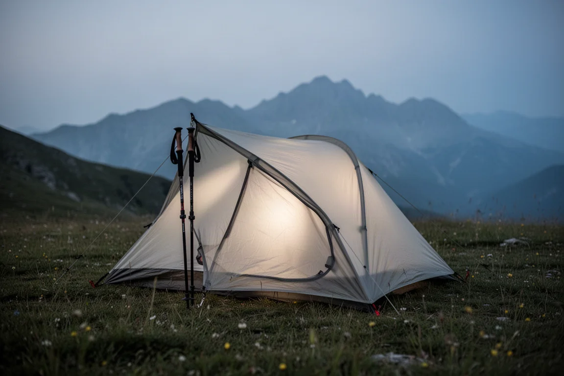 Tenda ultraleggera per trekking con bastoncini montata su un prato alpino al crepuscolo con le montagne sullo sfondo