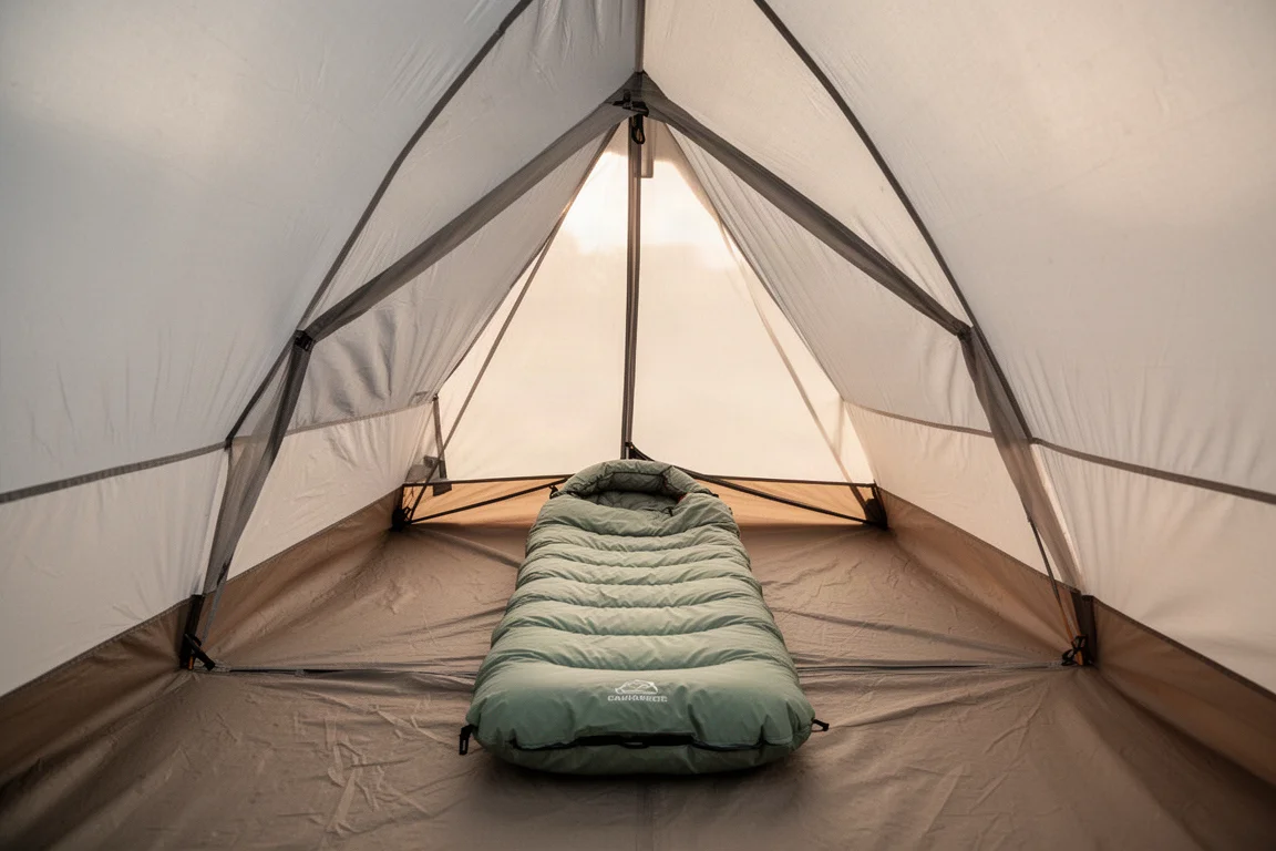 Interno di una tenda ultraleggera montata con un materassino affusolato sul fondo