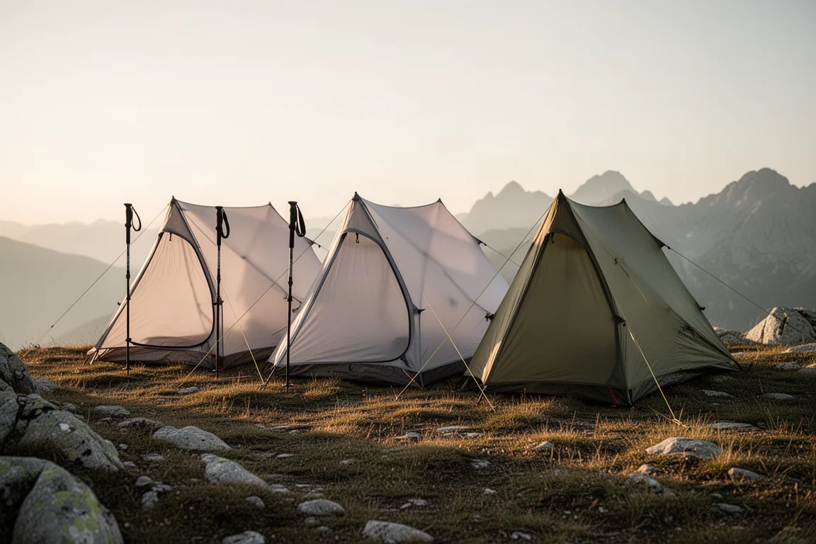 Tre tende ultraleggere per trekking con bastoncini montate su un crinale alpino nell'ora dorata