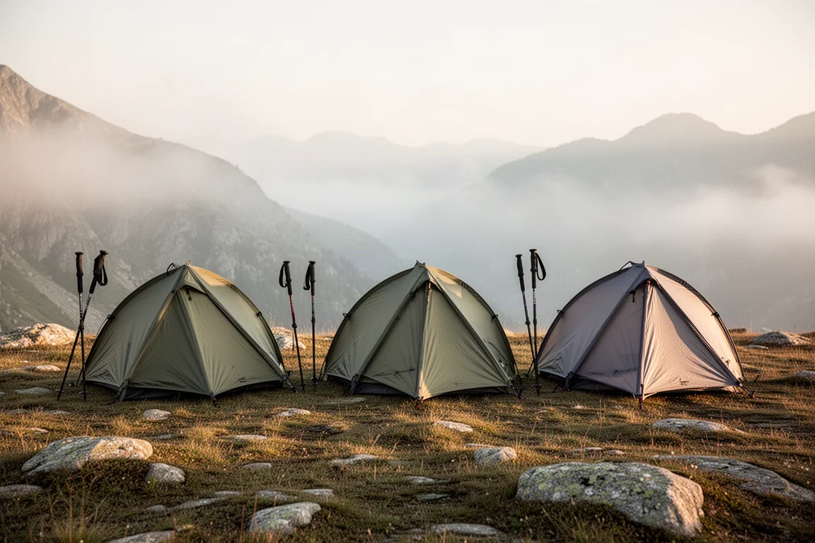 Three ultralight trekking pole tents pitched side by side on a grassy alpine plateau