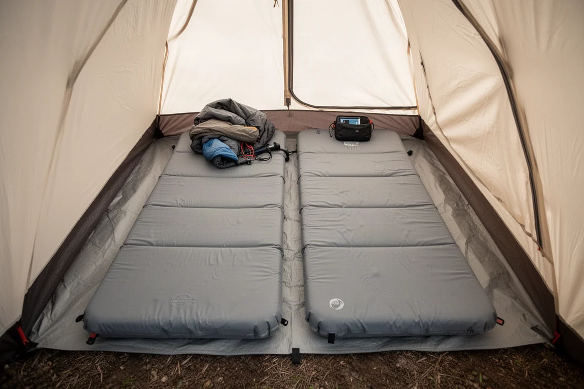 Two wide sleeping pads laid side by side inside a lightweight trekking pole tent