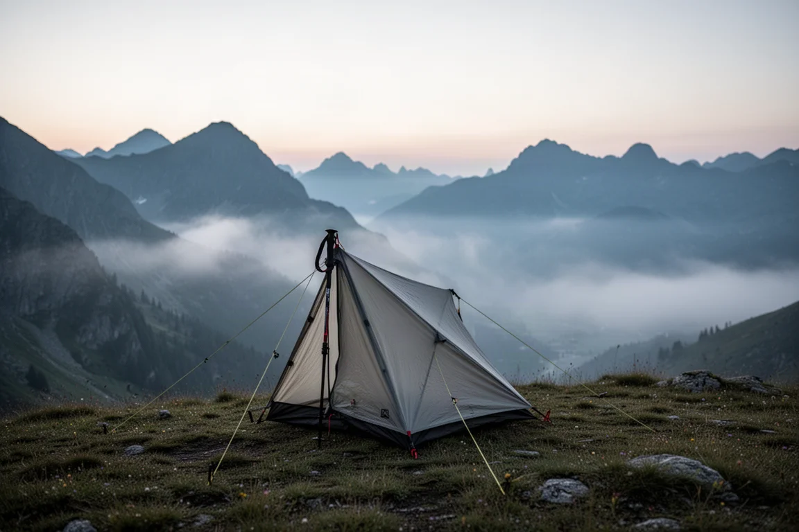 Lightweight trekking pole tent pitched alone on an alpine ridge at dusk