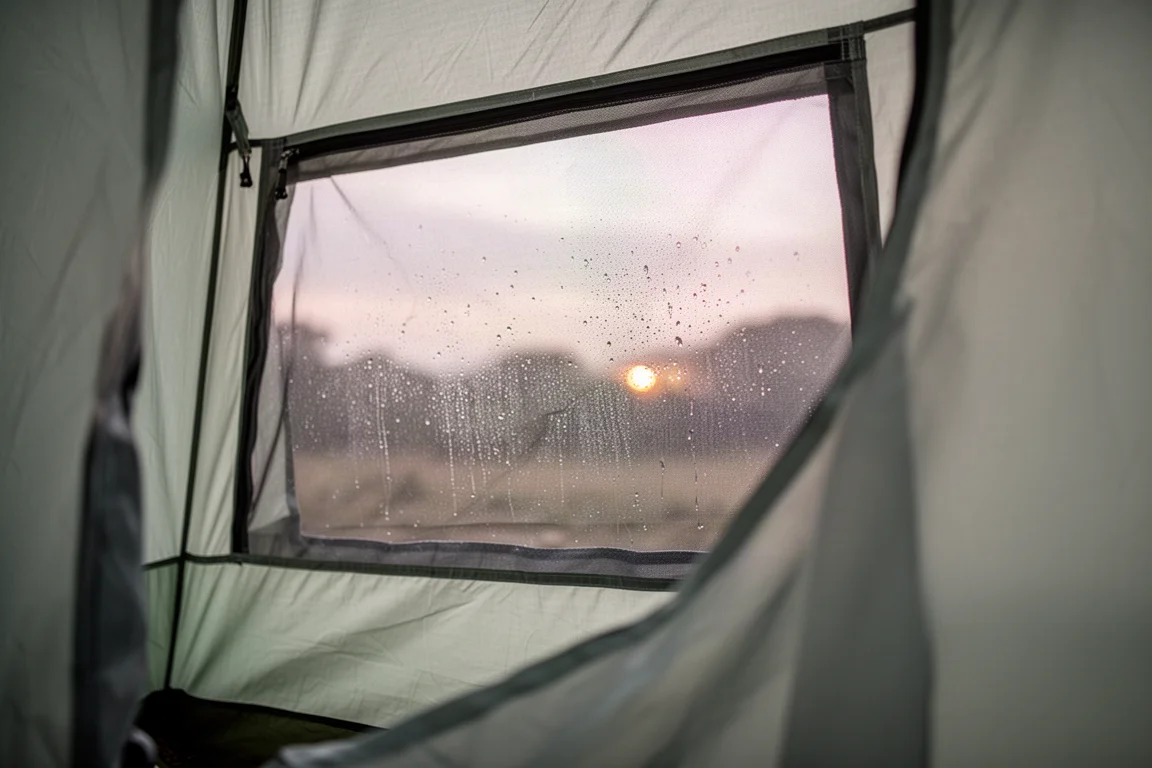 Close view of condensation droplets and a mesh vent inside a single-wall tent at dawn
