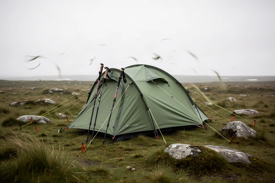 Trekking pole tent staked out on an exposed moorland in strong wind