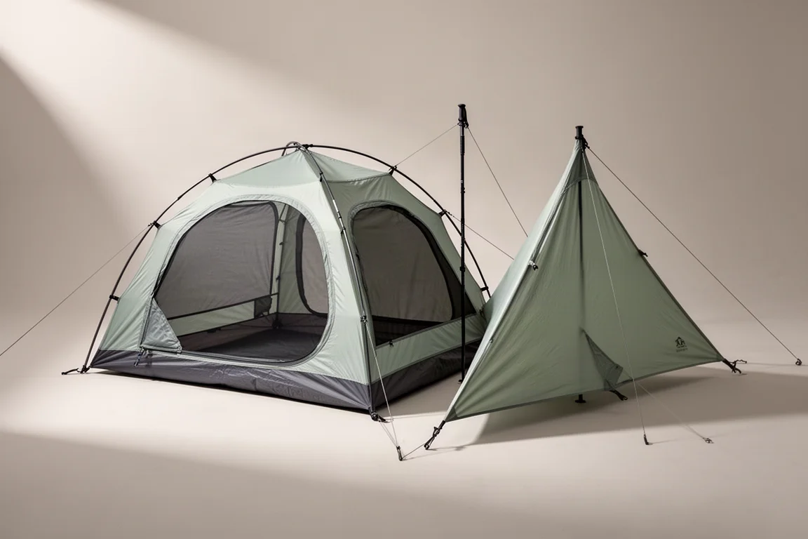 Two lightweight trekking pole tents pitched side by side on a neutral studio backdrop
