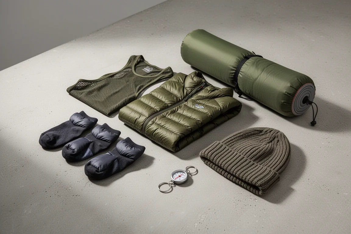 Ultralight winter camping gear arranged on a pale grey concrete surface