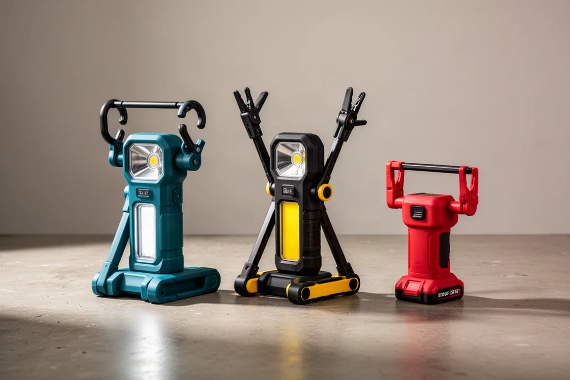 Three underhood work lights in teal, black and red arranged on a concrete surface