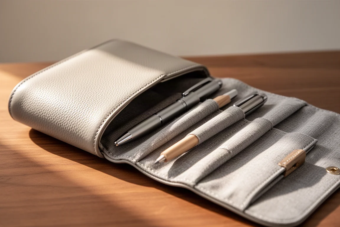 Portapenne in pelle in parte srotolato che mostra penne nelle tasche