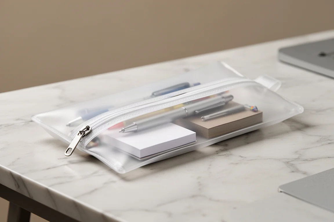 Astuccio sottile traslucido con cerniera contenente penne e piccoli oggetti