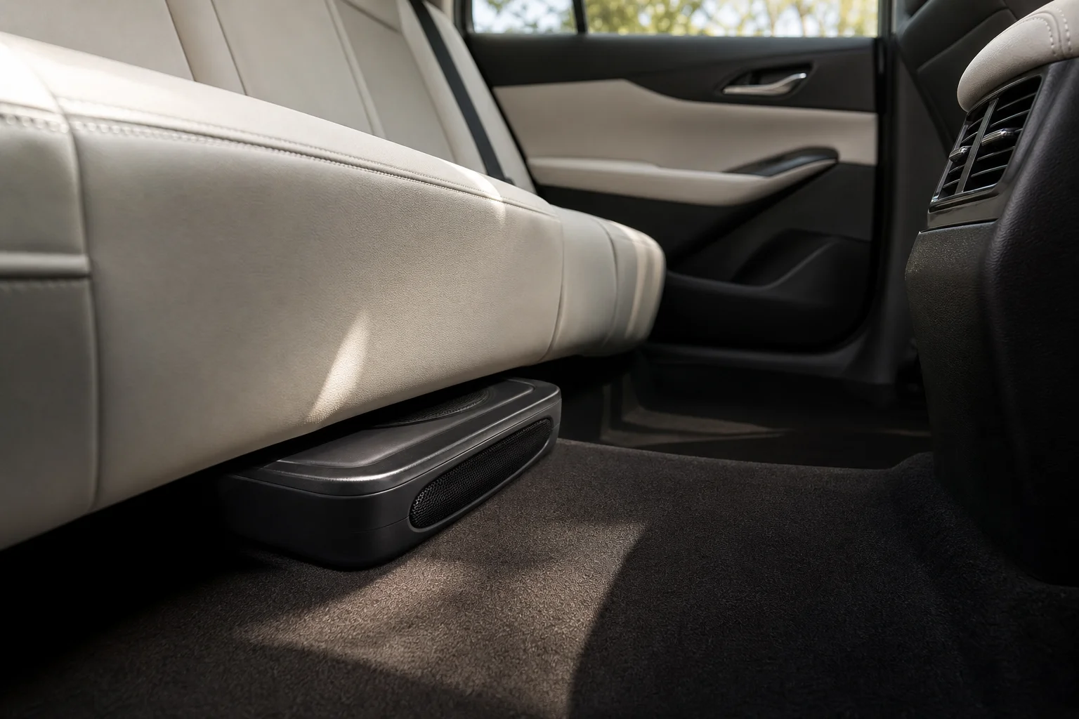 Interior de un coche que muestra el espacio de instalación debajo del asiento con un subwoofer compacto colocado