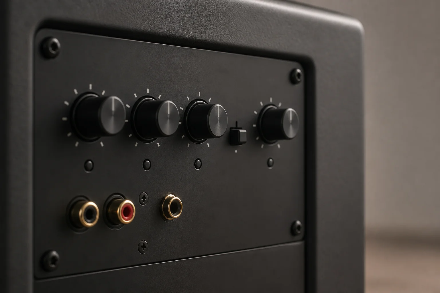 Primer plano de los controles del amplificador del subwoofer y los terminales de conexión