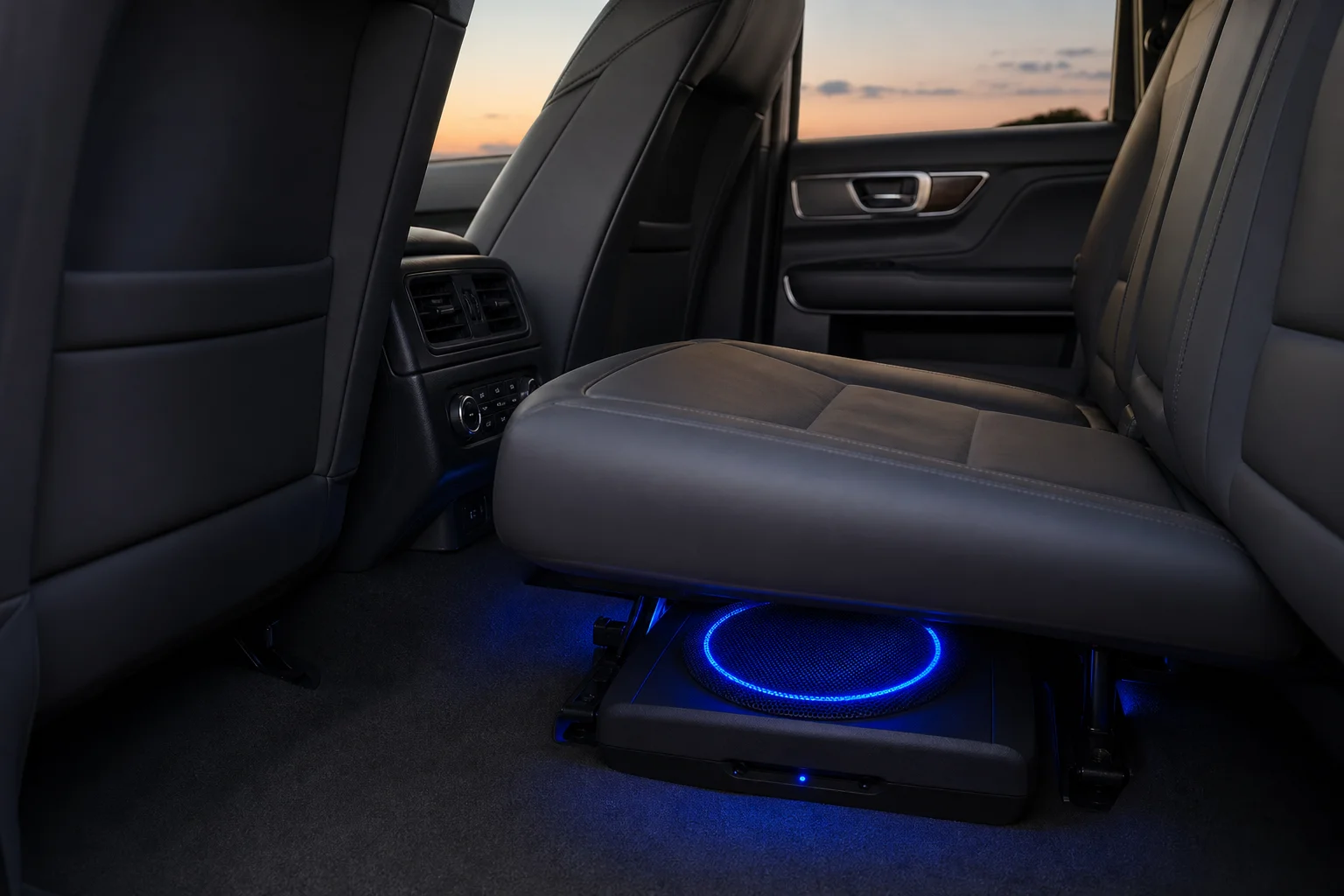 Salpicadero de un coche por la noche con iluminación ambiental LED azul de un subwoofer debajo del asiento