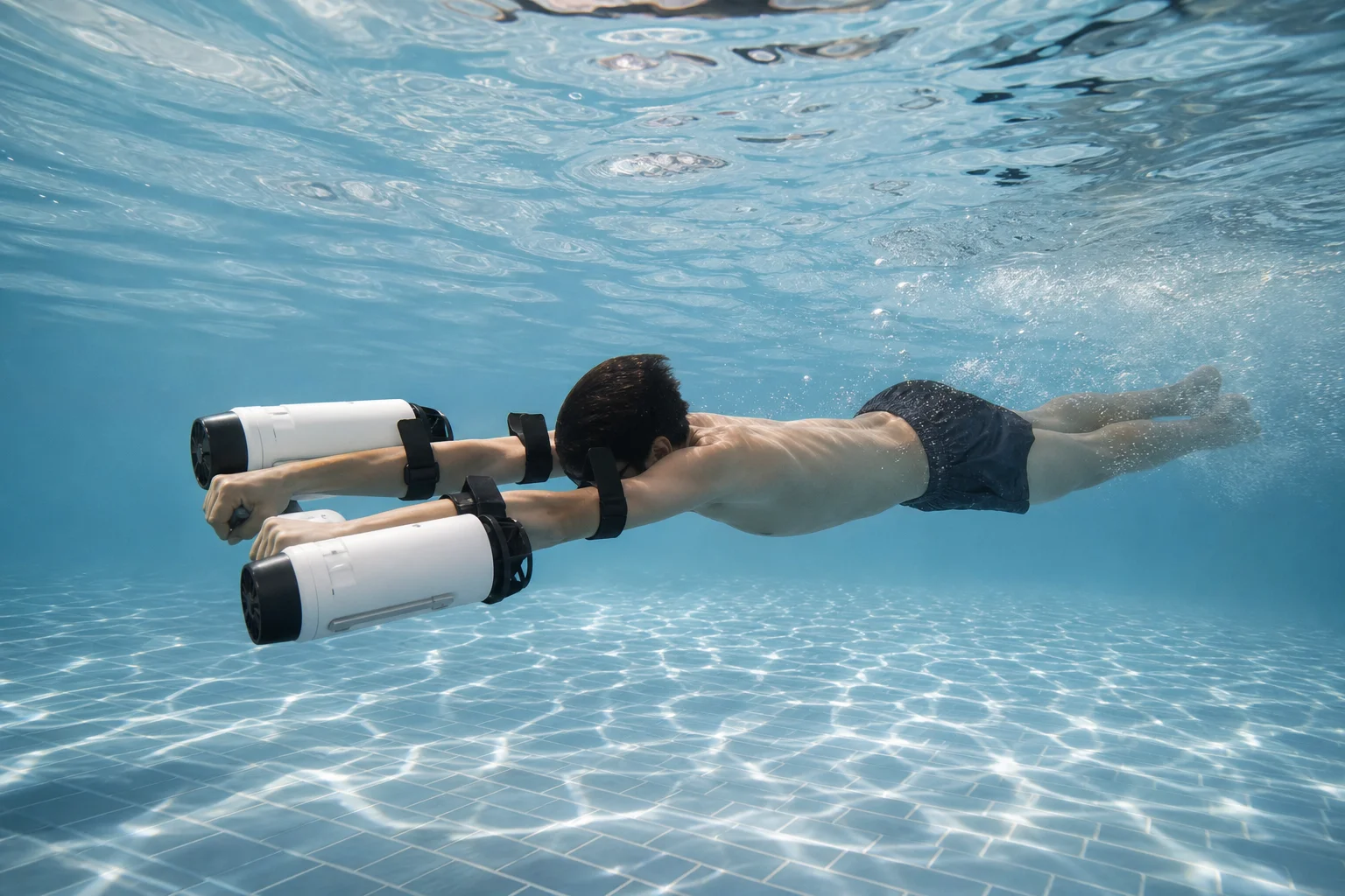 Child using arm-mounted underwater scooter in pool creating flying sensation