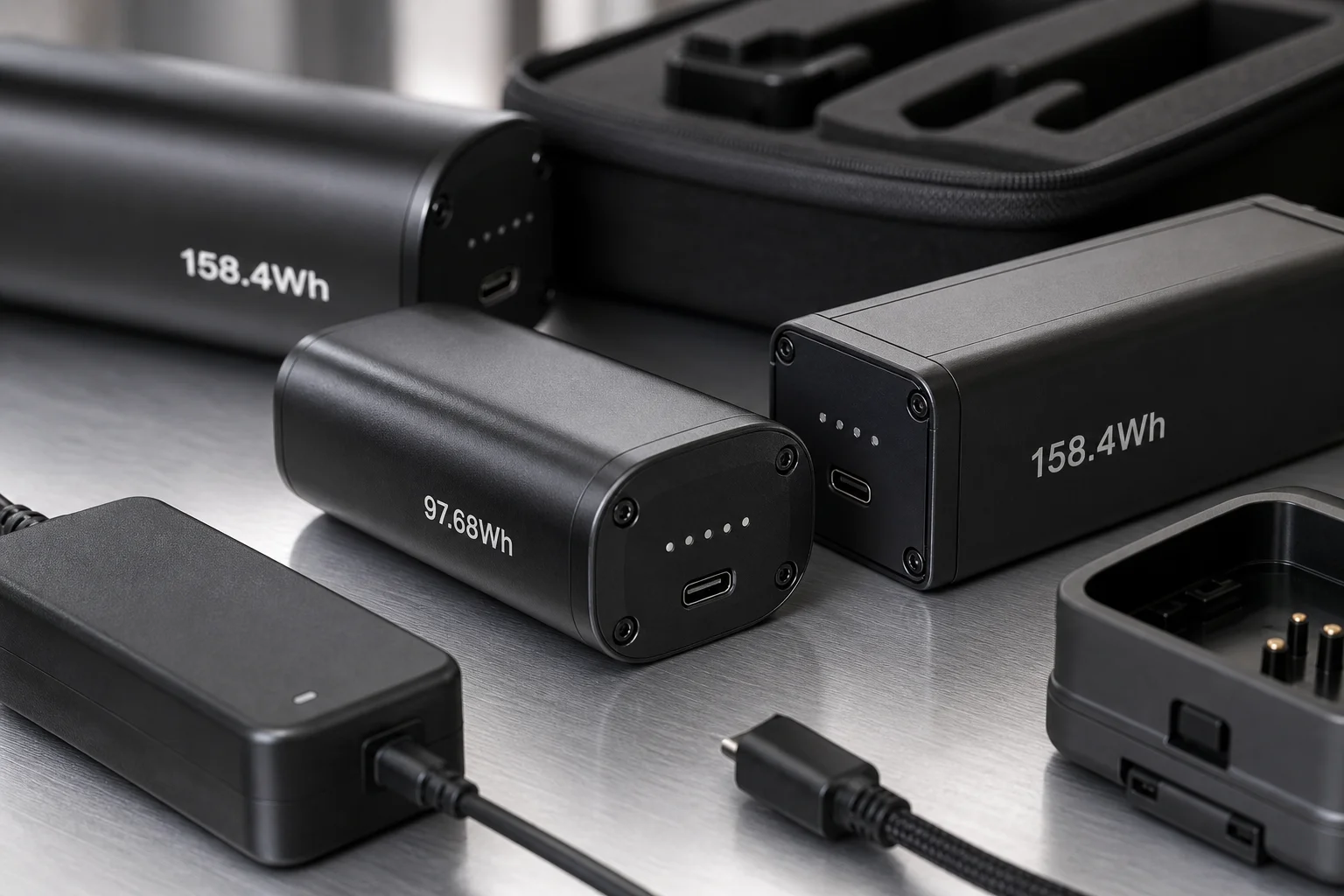 Underwater scooter batteries with watt-hour ratings and charging equipment displayed