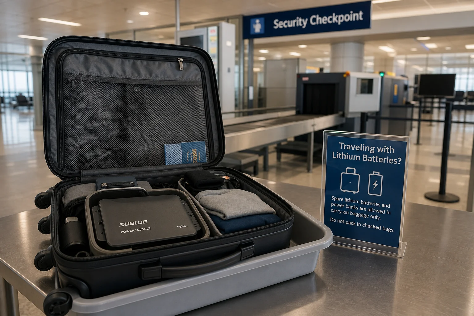 Underwater scooter battery in carry-on luggage at airport security checkpoint