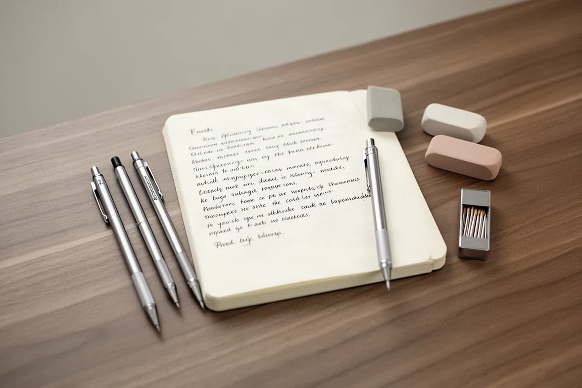 Vue aérienne d'outils d'écriture et d'un carnet sur un bureau en bois
