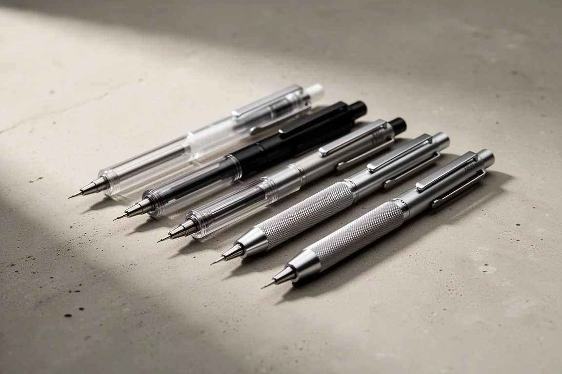 Una serie di sottili matite meccaniche con varie finiture su una superficie di cemento opaco