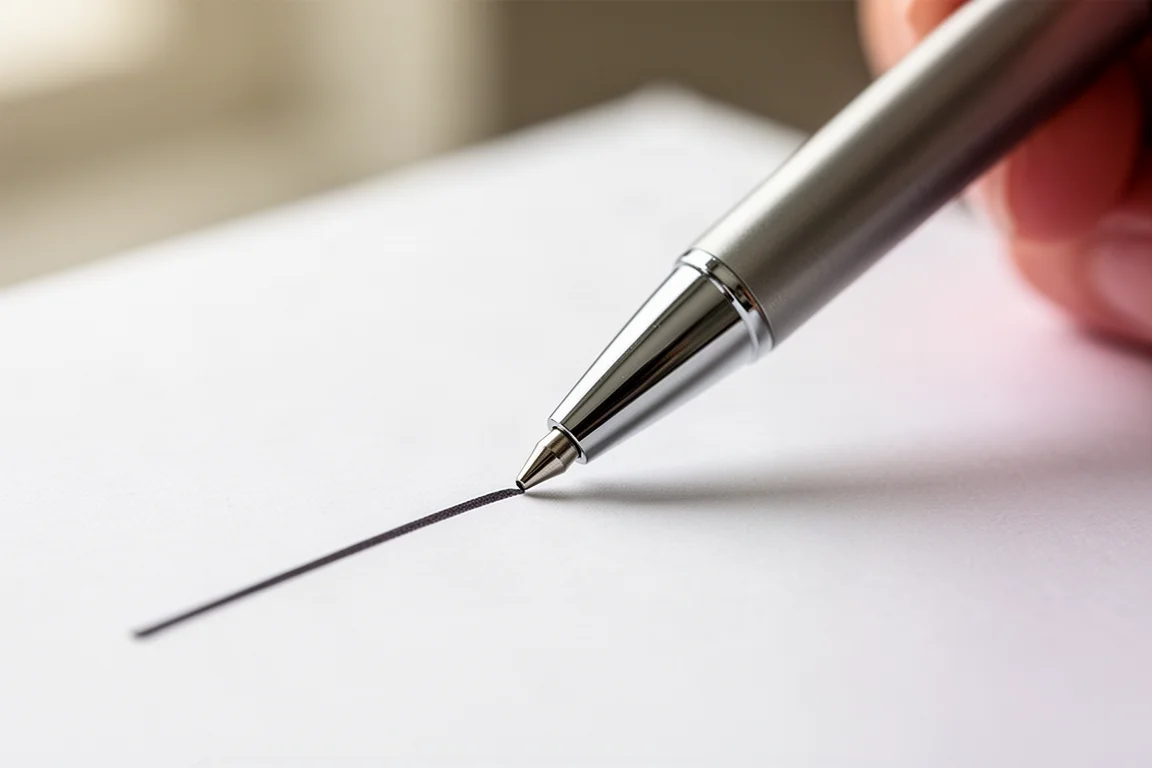 Close-up van een balpen met lage viscositeit die soepel schrijft op wit papier