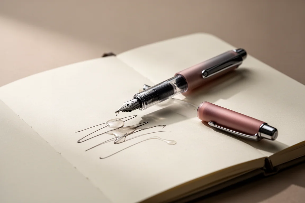 Rollerball pen schrijft onder een hoek op notitiepapier met vloeiende inkgang