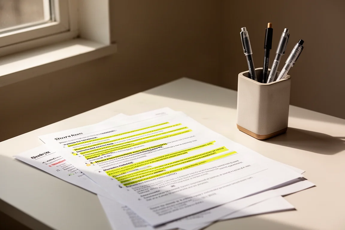 Bureauscène met fineliner pennen en markeronderstrepingen op geprinte aantekeningen
