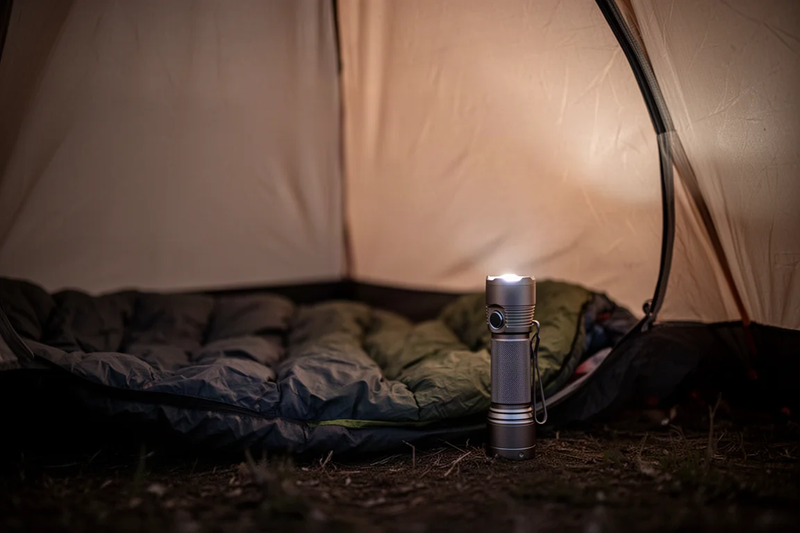 Compact flashlight casting a soft ambient glow across a tent interior at dusk