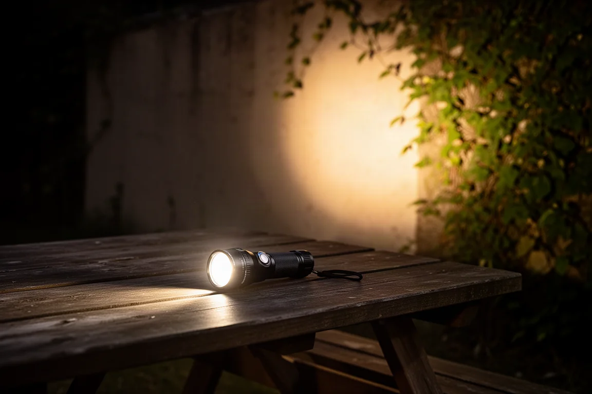 Warm floodlight from a compact flashlight illuminating a wide wall at short range