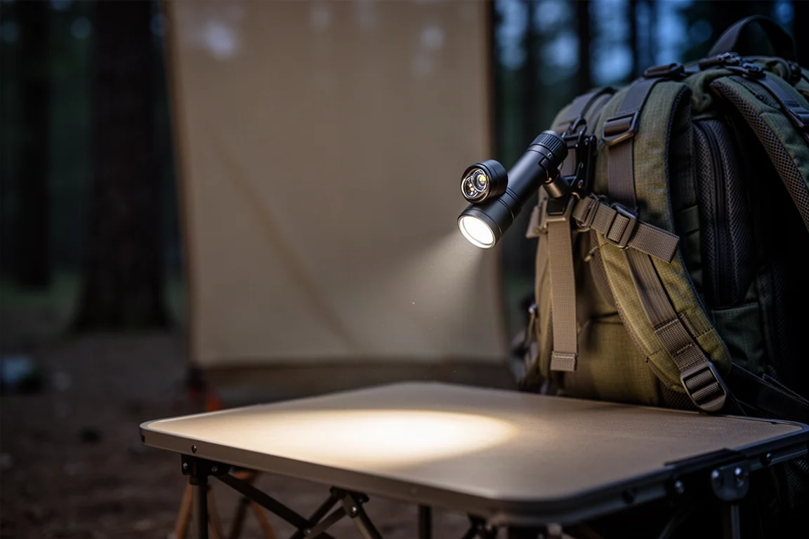 Flashlight clipped to a backpack strap angled upward as an area light