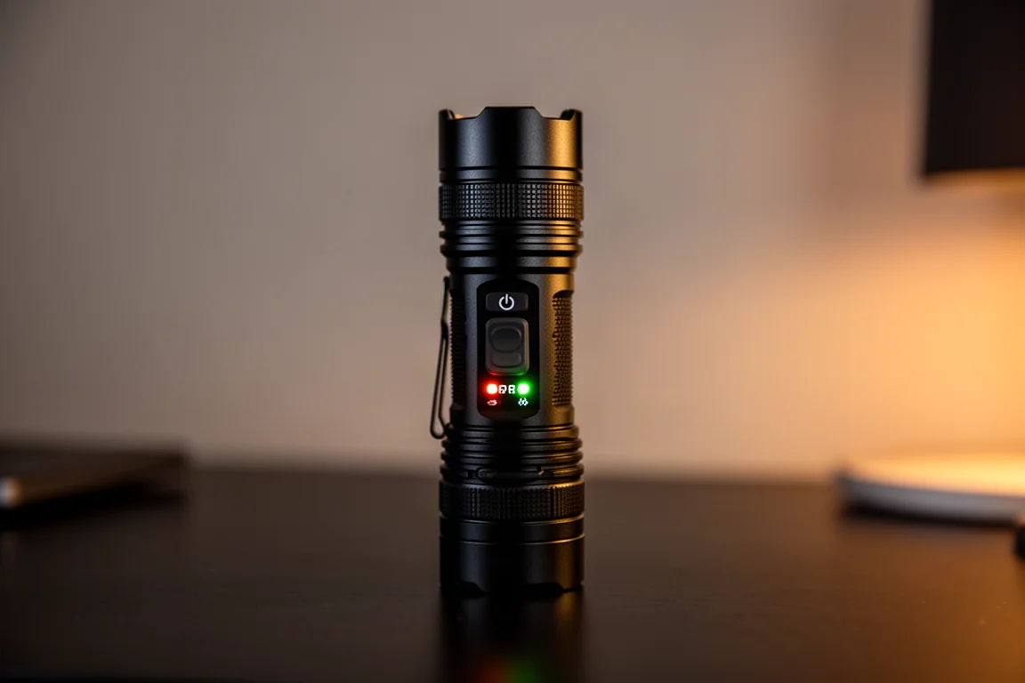 Tactical flashlight with illuminated mode indicator LEDs on a desk at night