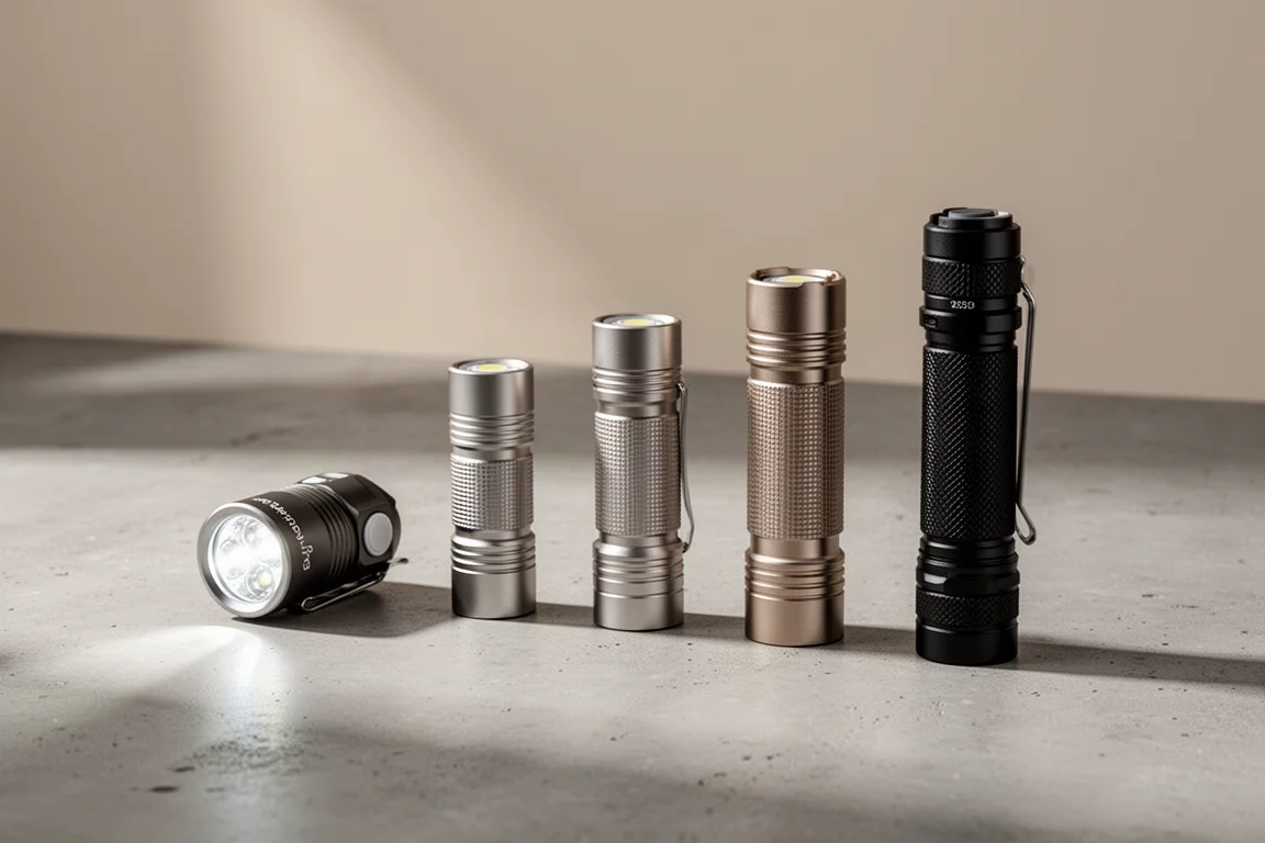 Six compact EDC flashlights of varying sizes lined up on a concrete surface