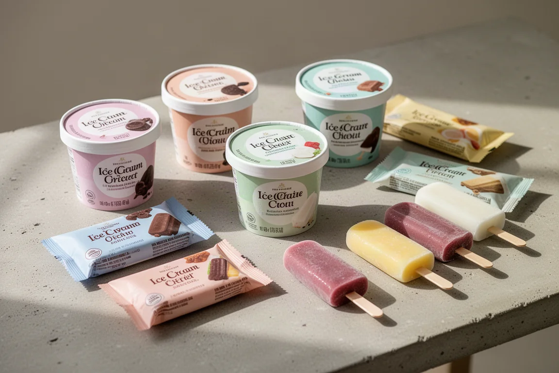 Szereg kolorowych pojemników z lodami i mrożonych popsicle na stole