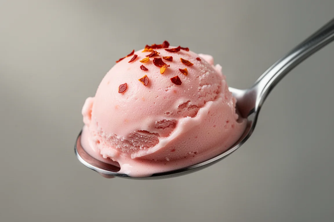 Różowa gałka lodów guawowych z widocznymi płatkami chili na łyżeczce