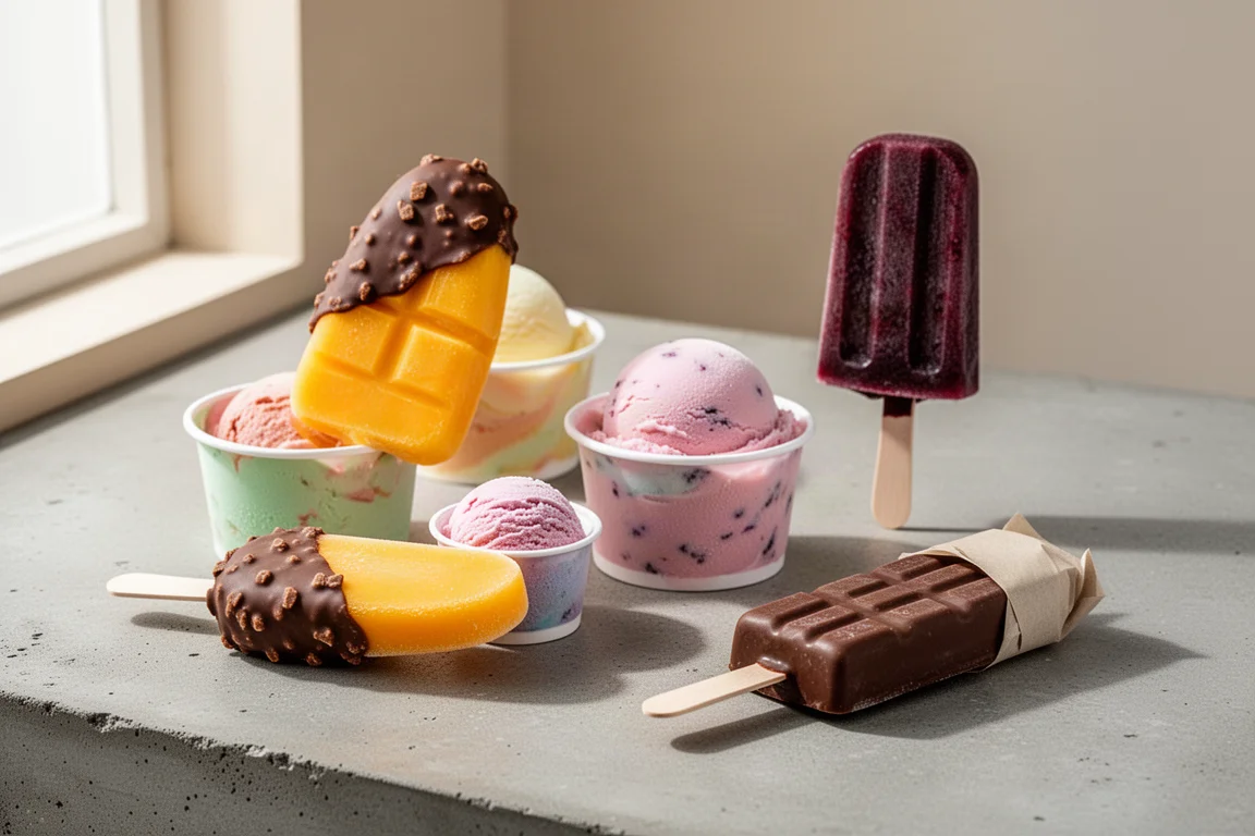 Różnorodne kolorowe lody i mrożone popsicle na betonowej powierzchni