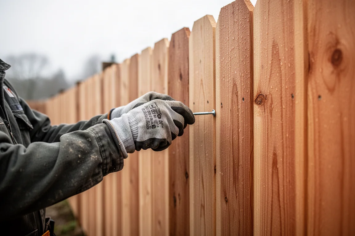 Entrepreneur construisant une clôture en bois à l'extérieur par temps couvert