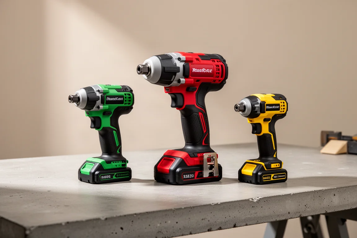 Three cordless impact drivers lined up on a concrete workbench