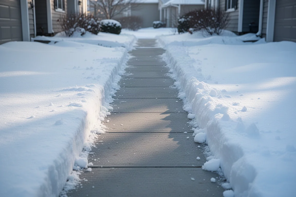 Freshly cleared snow on a narrow residential walkway in soft morning light