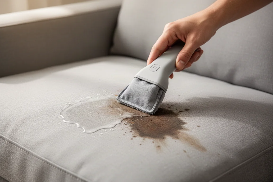 Compact spot cleaner lifting a stain from a fabric couch cushion