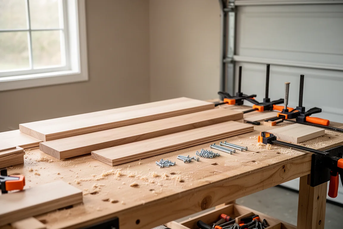 Home workshop bench with DIY tools and materials arranged for a project