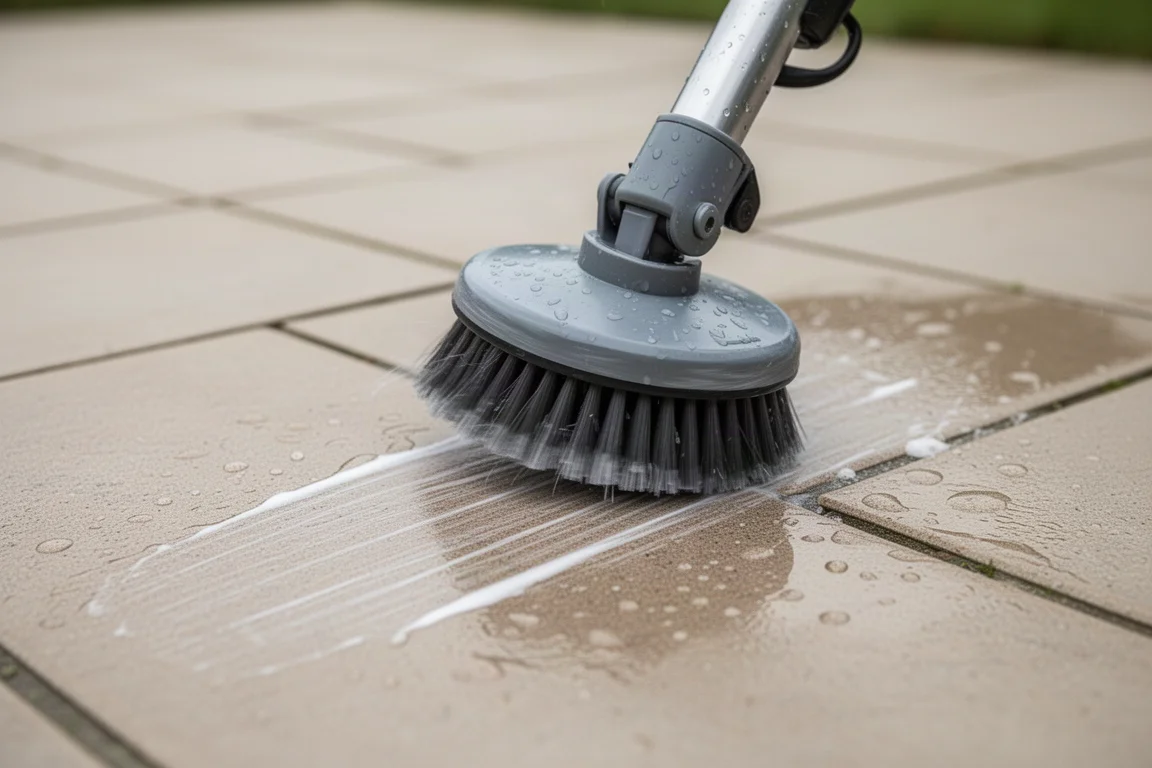 Cordless scrubber brush head cleaning tiled patio surface