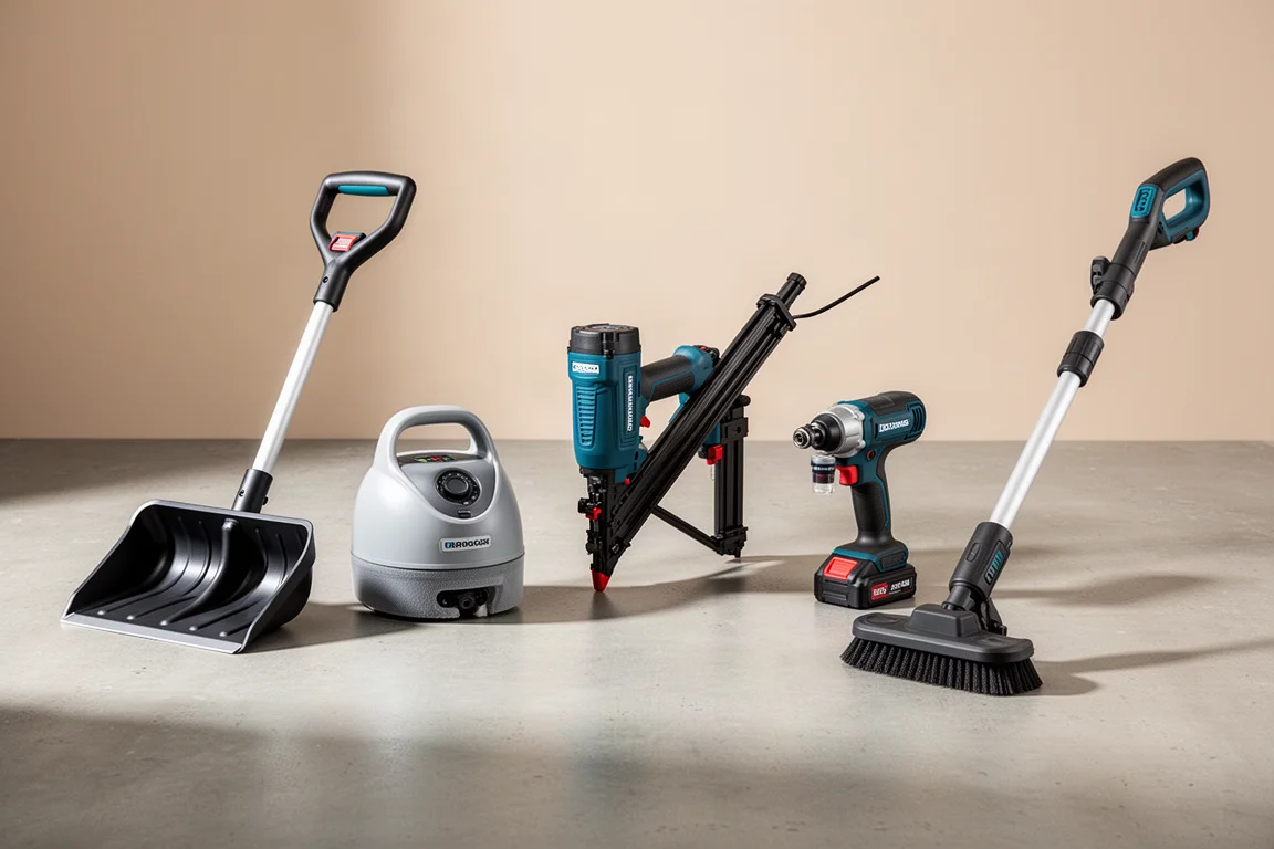 Lineup of cordless Ryobi-style tools including snow shovel, spot cleaner, nailer, rotary tool and power scrubber